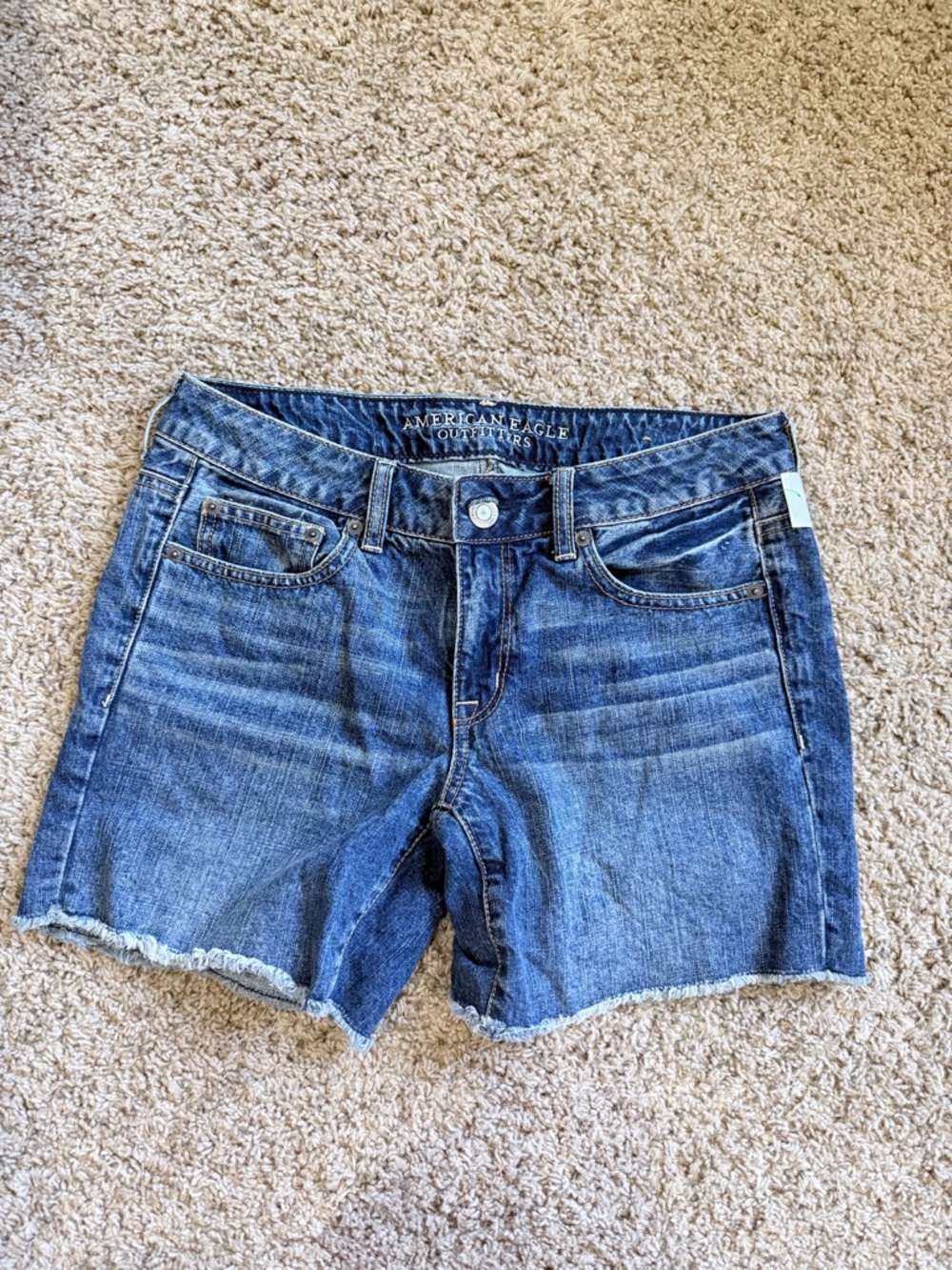 American Eagle Denim Shorts Size 4 Mid Rise Distressed Raw Hem Blue Jean Shorts